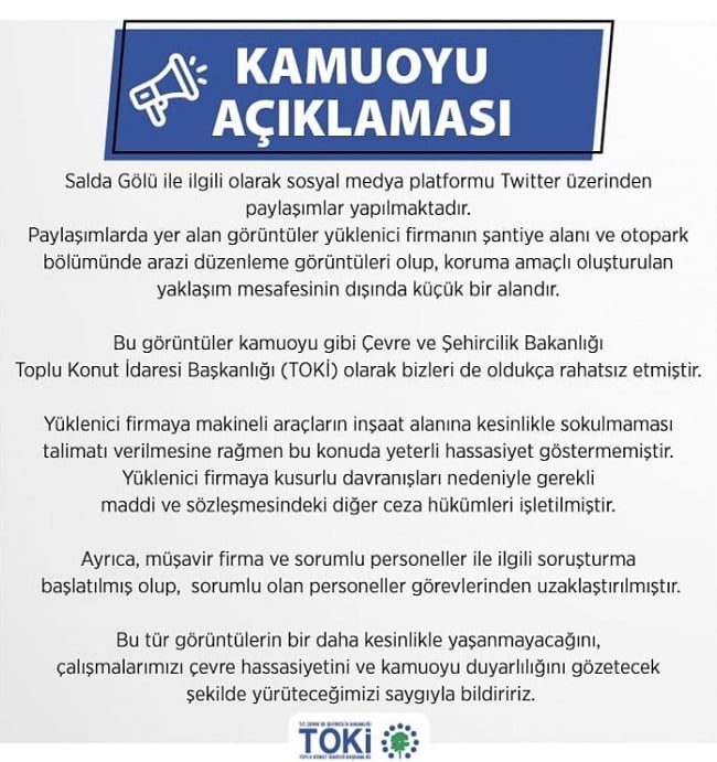 TOKİ’den Salda Gölü Açıklaması Yapıldı