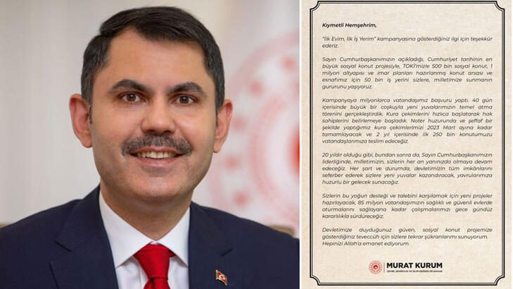 Bakan Kurum’dan sosyal konut projesine başvuranlara teşekkür mektubu